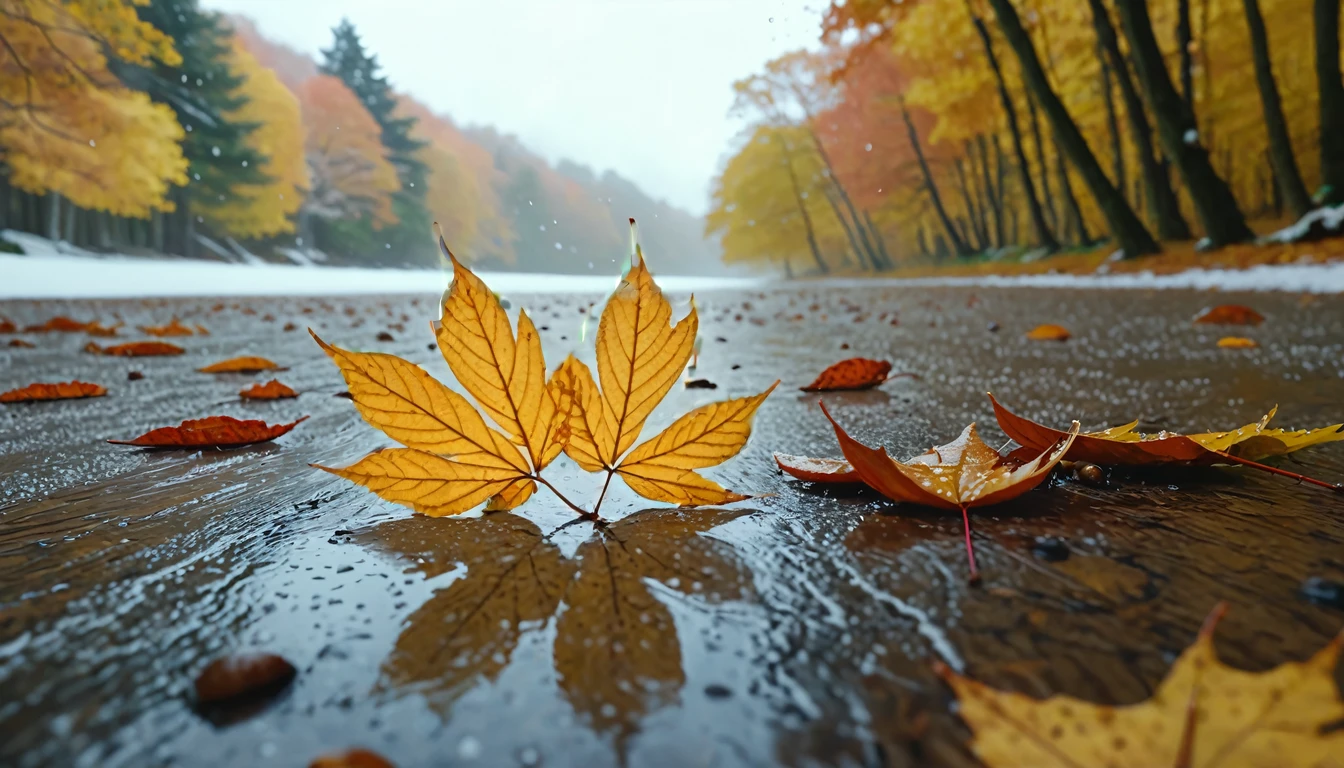 Light blue leaves covered with a thin layer of snow