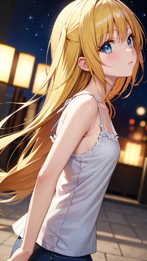 (masterpiece:1.3), (best quality:1.1), (8k, ultra detailed, ultra high res:1.2), ((anime style)), perfect 5 fingers, perfect anatomy, behind arms back,
1girl,
BREAK long hair, wavy hair,
(blonde hair), (blue eyes), BREAK medium breasts, (camisole, Sequins:1.4), white camisole,
(looking up, dramatic angle:1.3), (cowboy shot:1.1), BREAK outdoor, Starry night sky, sunflower field, galaxy,