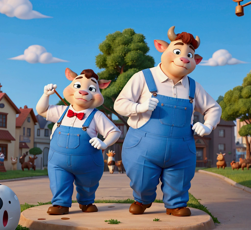 A standing cow,White skin,Zootopia style,Cartoon animation character,Chubby body,Wear blue suspenders,Cute,cartoon design,personification,European and American cartoon game,best quality