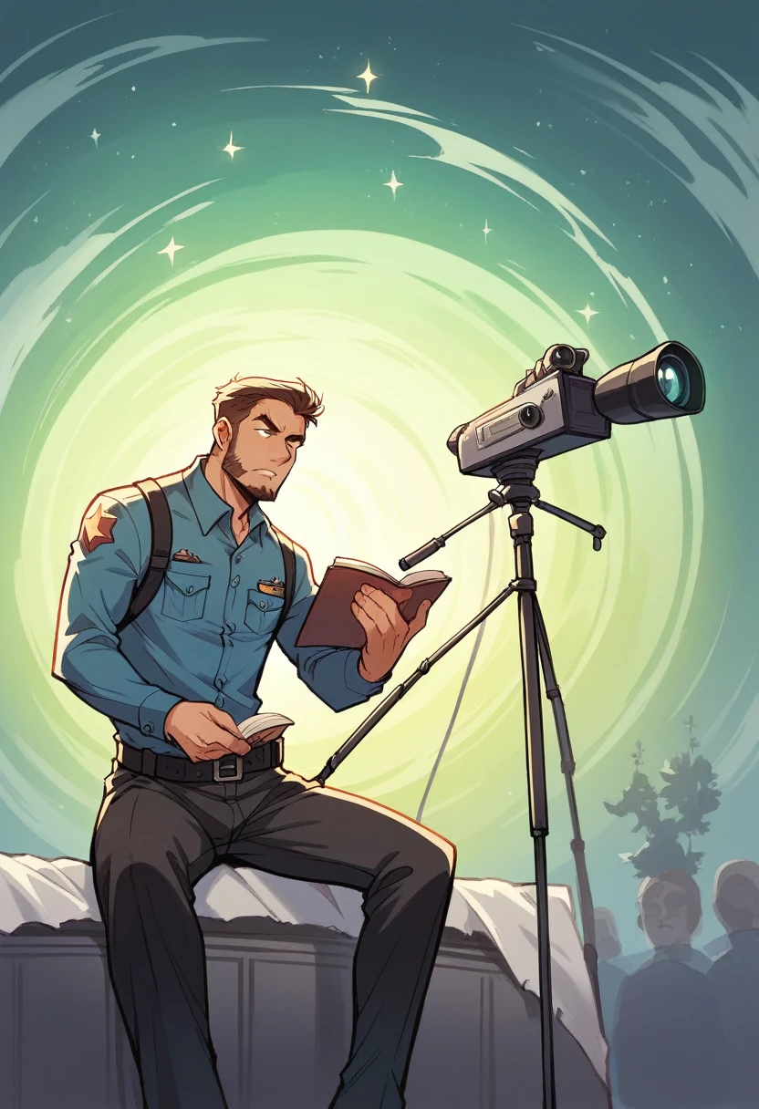 Draw a young programmer, sitting on a research platform floating in the middle of an asteroid belt. He is studying with a notebook, surrounded by several asteroids glowing with fiery auras. Dramatic lighting from distant stars and planets illuminates the scene, casting deep shadows on the suit. The young man looks confident and determined, looking at the vast and mysterious universe with wonder and respect,facial hair, cowboy shot,
