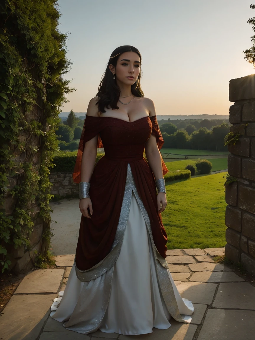 Beautiful and regal, imperious and aloof, busty athletic (thin) brunette queen with sharp facial features wearing a modest updo, dark red medieval dress, long sleeves, wide neck, crown, veil, long dress, modest dress, tight bodice, silver (waist chain), medieval jewelry, Middle Ages, castle, rampart, wall, exterior, on top of a castle wall, trees, countryside, evening, sunset.