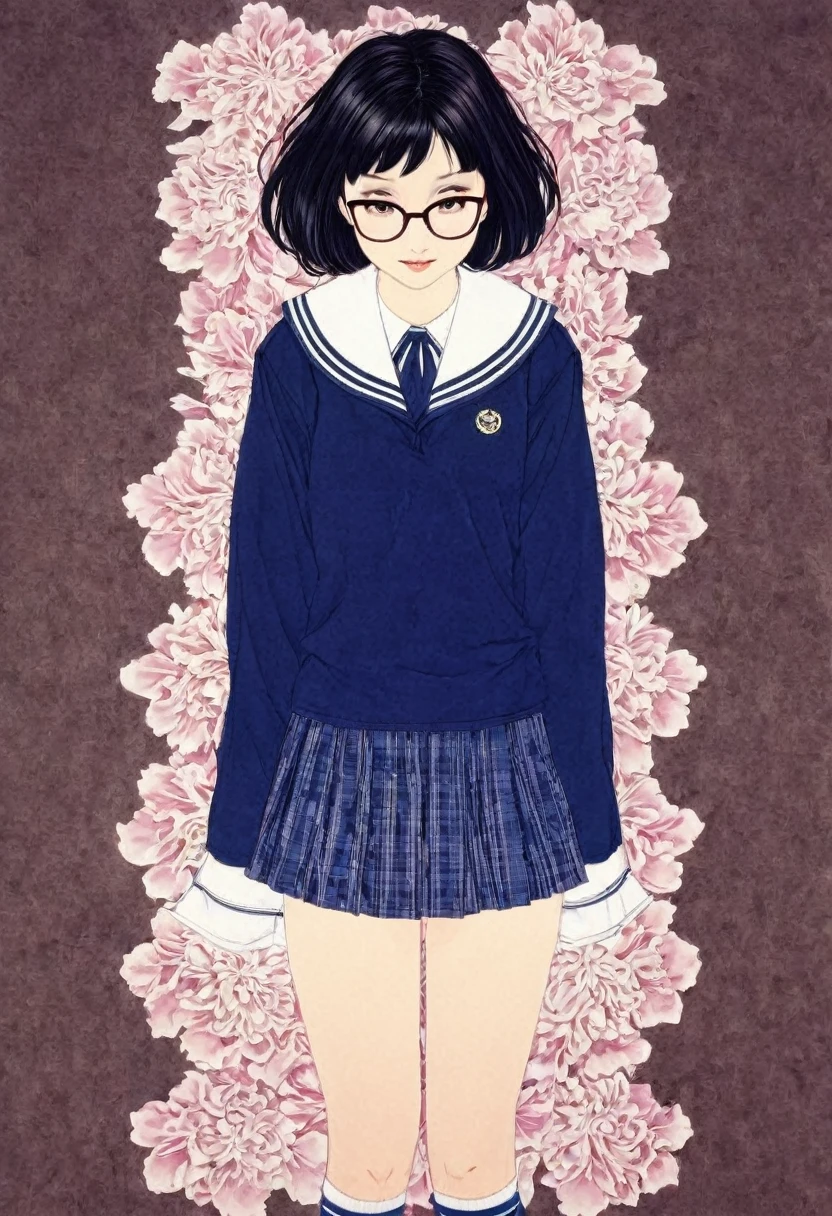 Line art,Flower Art,(Floral:1.2), (masterpiece, Highest quality),Vibrant colors,colorful, Highest quality,virgin, 15 years old,(School Sailor Suit、Navy Blue Skirt)、,White socks、Black Loafers、Crazy Smile、Black Hair、Wide forehead、Short braid、Brow wrinkles、Black glasses、Big Breasts、Plump;Not cute,From above、takato yamamoto style