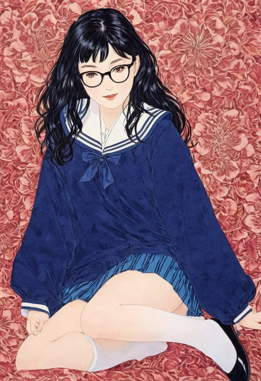 Line art,Flower Art,(Floral:1.2), (masterpiece, Highest quality),Vibrant colors,colorful, Highest quality,virgin, ,(School Sailor Suit、Navy Blue Skirt)、,White socks、Black Loafers、Crazy Smile、Black Hair、Wide forehead、Short braid、Brow wrinkles、Black glasses、Big Breasts、Plump;Not cute,From above、takato yamamoto style