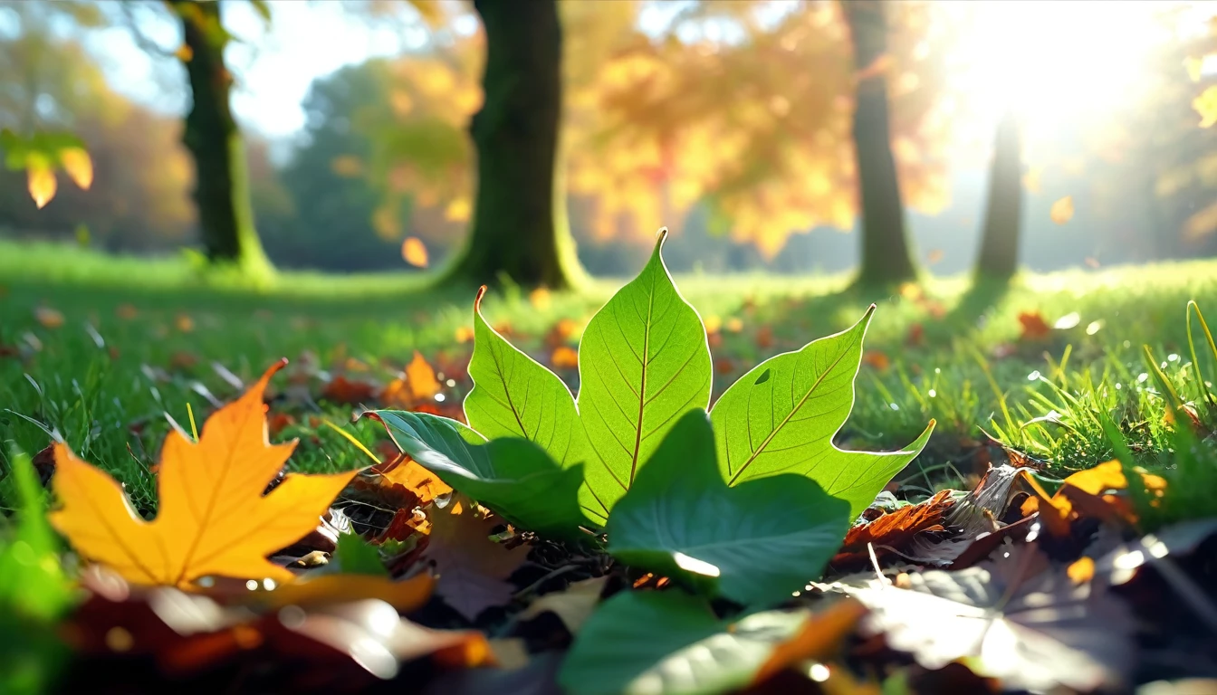 there is a green leaves that is sitting on the grass, magical leafs falling, nature documentry footage, youtube video screenshot, today's featured photography 4k, autumn  turkel, nature photography 4k, november, cinematic widescreen shot, leaves and magic, high quality screenshot, 2 0 2 1 cinematic 4 k framegrab, wide screenshot