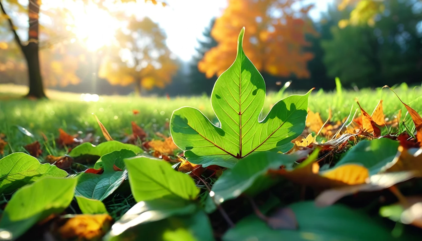 there is a green leaves that is sitting on the grass, magical leafs falling, nature documentry footage, youtube video screenshot, today's featured photography 4k, autumn turkel, nature photography 4k, november, cinematic widescreen shot, leaves and magic, high quality screenshot, 2 0 2 1 cinematic 4 k framegrab, wide screenshot
