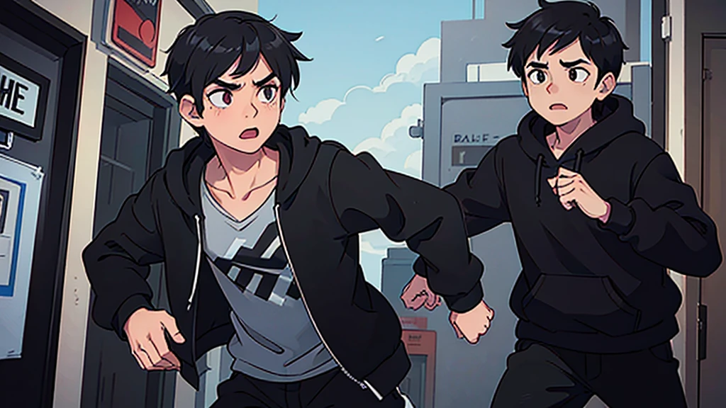 1 boy, black hair, wearing a black hoodie, running in fear, 1 boy, black hair, wearing a black hoodie, running in fear