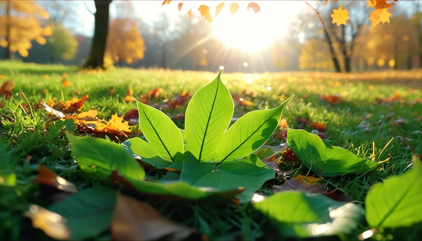 there is a green leaves that is sitting on the grass, magical leafs falling, nature documentry footage, youtube video screenshot, today's featured photography 4k, autumn  turkel, nature photography 4k, november, cinematic widescreen shot, leaves and magic, high quality screenshot, 2 0 2 1 cinematic 4 k framegrab, wide screenshot