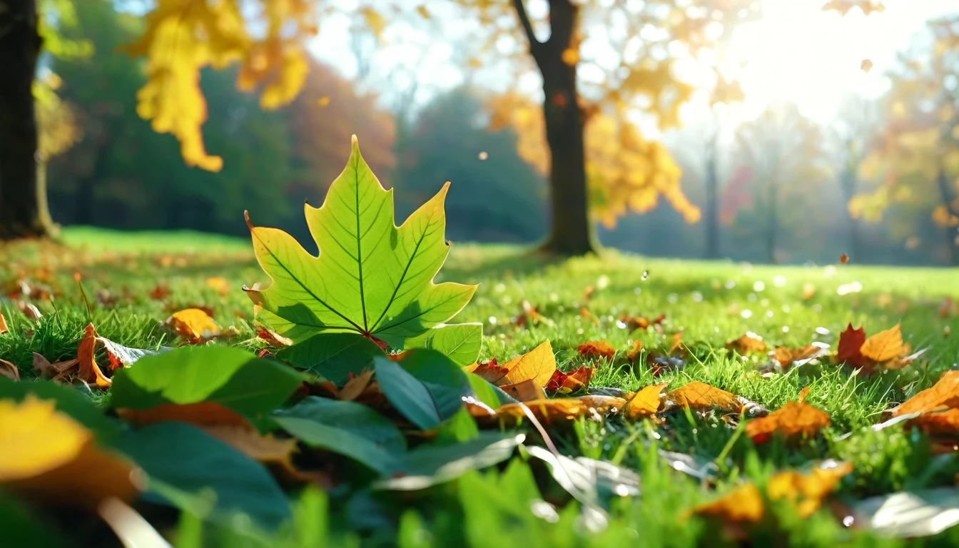 there is a green leaves that is sitting on the grass, magical leafs falling, nature documentry footage, youtube video screenshot, today's featured photography 4k, autumn turkel, nature photography 4k, november, cinematic widescreen shot, leaves and magic, high quality screenshot, 2 0 2 1 cinematic 4 k framegrab, wide screenshot