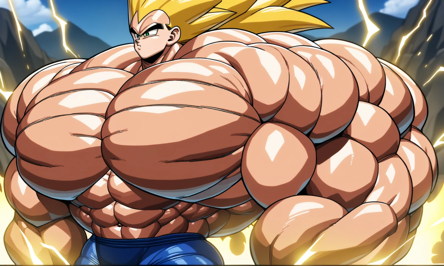 1boy, Vegeta, from Dragon Ball Z, masterpiece, best quality, very aesthetic, absurdres, saiyan, green eyes, spiked hair, (yellow hair:1.5), shirtless, blue skintight pants, white gloves, (huge muscles:3.5), dragonballartstyle, in the style of Akira Toriyama, outdoors, flat-top mountains, nipples, abs, yellow aura, electricity,