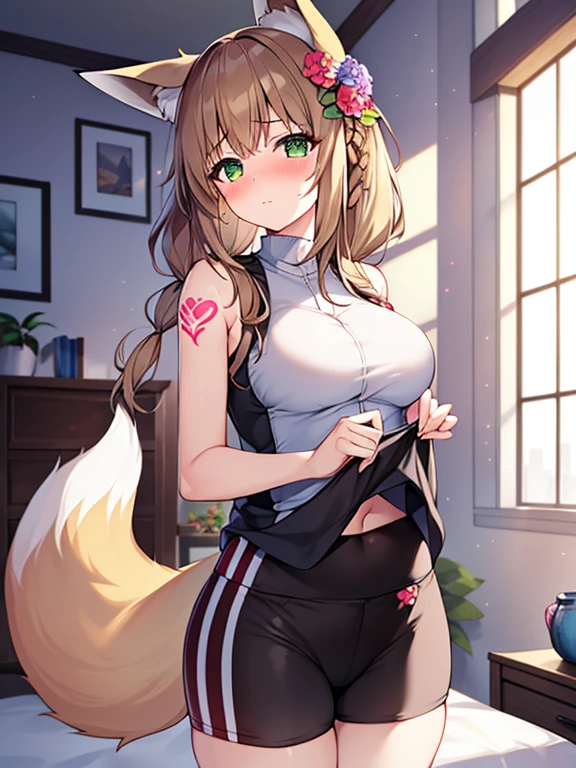 masterpiece, Highest quality, Highest Resolution, One girl, alone, Oversized fox tail,Green Eyes,(Long brown hair_Sideways French braided hair),Small flower head dress, (27 years old,Busty Wife)_Mature female figure_F Cup,modern architecture,(Blushing:1.3),Represents medium , On the stomach_Succubus Tattoo, Mature Woman, sexy sports vest