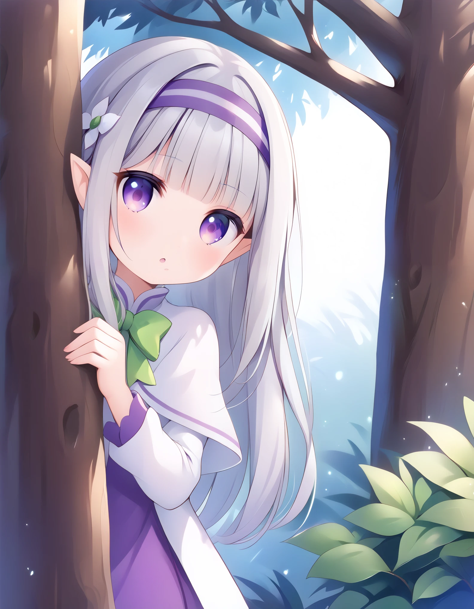 1girl, forest, peeking out upper body, behind tree,
purple eyes, hairband, long hair, grey hair, pointy ears, blunt bangs, white capelet, purple dress, green bow, long sleeves, score_9, score_8_up, score_7_up, source_anime, 