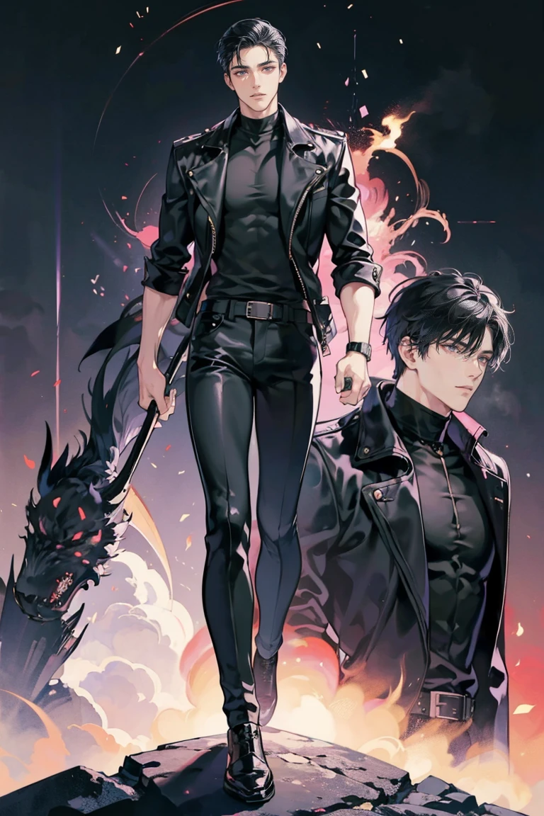 anime - (masterpiece), best quality, seductive eyes, perfect face, handsome man, red eyes, short messy black hair, long nose, tan brown skin, plain black t-shirt, black leather jacket, black pants, silver watch, black glasses, extremely tall man, long legs, long calves, full body, tall man, long legs, anime cover, 1boy, ear piercings, hands in pockets, adult-like look, bad boy