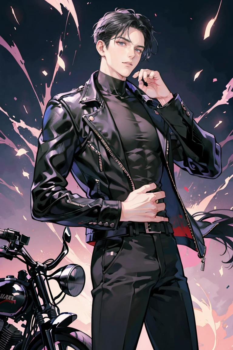 anime - (masterpiece), best quality, seductive eyes, mature face, black eyes, short slicked back black haircut, plain black t shirt, black leather jacket, black pants, tall man, long legs, masculine, broad shoulders, adult-like, full body, bad boy, black motorcycle, he's holding a sculpture with his right hand, the background is just purple flashes all around him 
