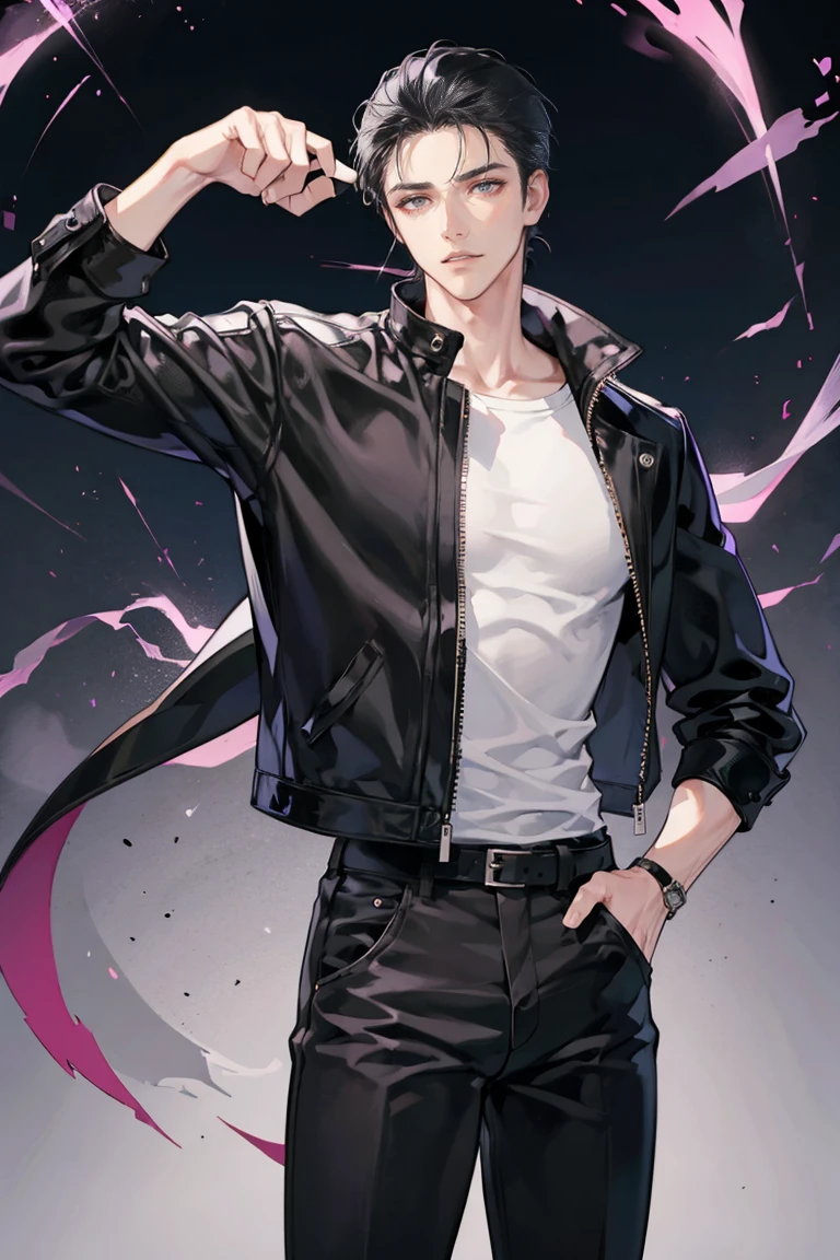 anime - (masterpiece), best quality, seductive eyes, mature face, black eyes, short slicked back black haircut, plain black t shirt, black leather jacket, black pants, tall man, long legs, masculine, broad shoulders, adult-like, full body, bad boy, black motorcycle, he's holding a sculpture with his right hand, the background is just purple flashes all around him 
