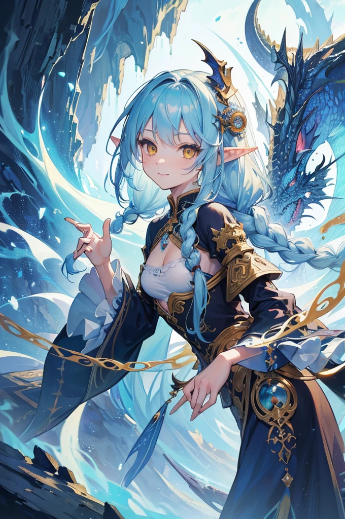 masterpiece, High resolution, accurate, Anatomically correct, most high quality, Very detailed, high quality, Ultra high definition, Big Tits Earrings, Sparkling eyes, Cowboy Shot, moving line, Speed Line, mage,sexy pose,(((herrscher of ice:1.5))),smile,Different world,another world,city、throne,(((one woman and ICE dragon:1.2)))