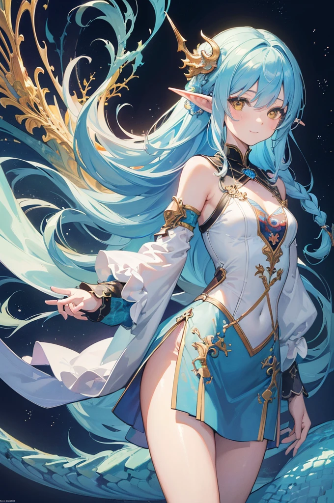 (masterpiece, top quality, best quality, official art, beautiful and aesthetic:1.2), (1girl), extreme detailed,(fractal art:1.3),colorful,highest detailed, cute young girl, light blue hair, long hair, small braids hair, yellow eyes, elf ears, dragon tail, dragon thorn, muscular body, small breast, smile