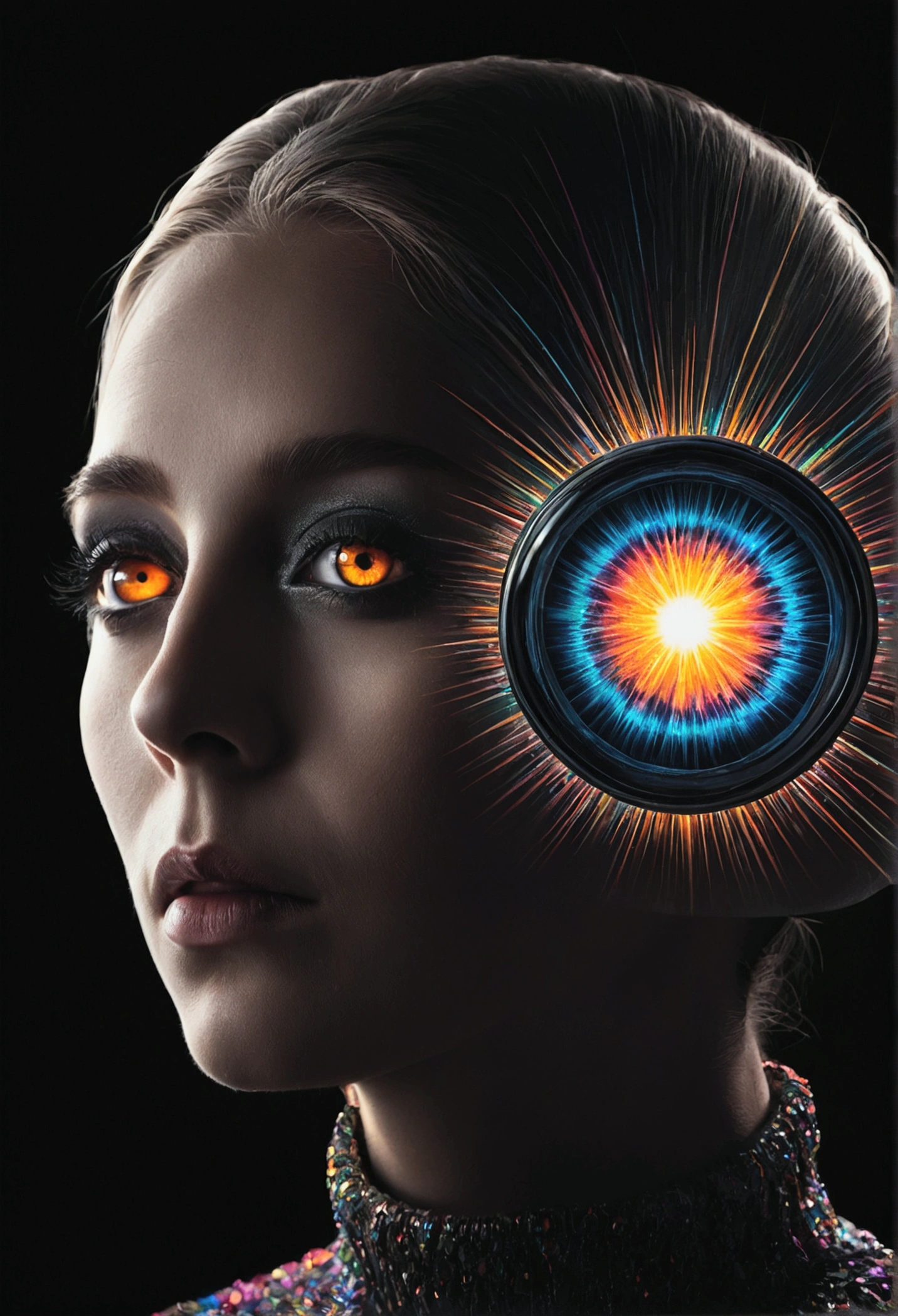 A person shoots two beams of light from both eyes，Reflecting colorful，Atomized black background，Old album cover，Simple style，Surreal futurism