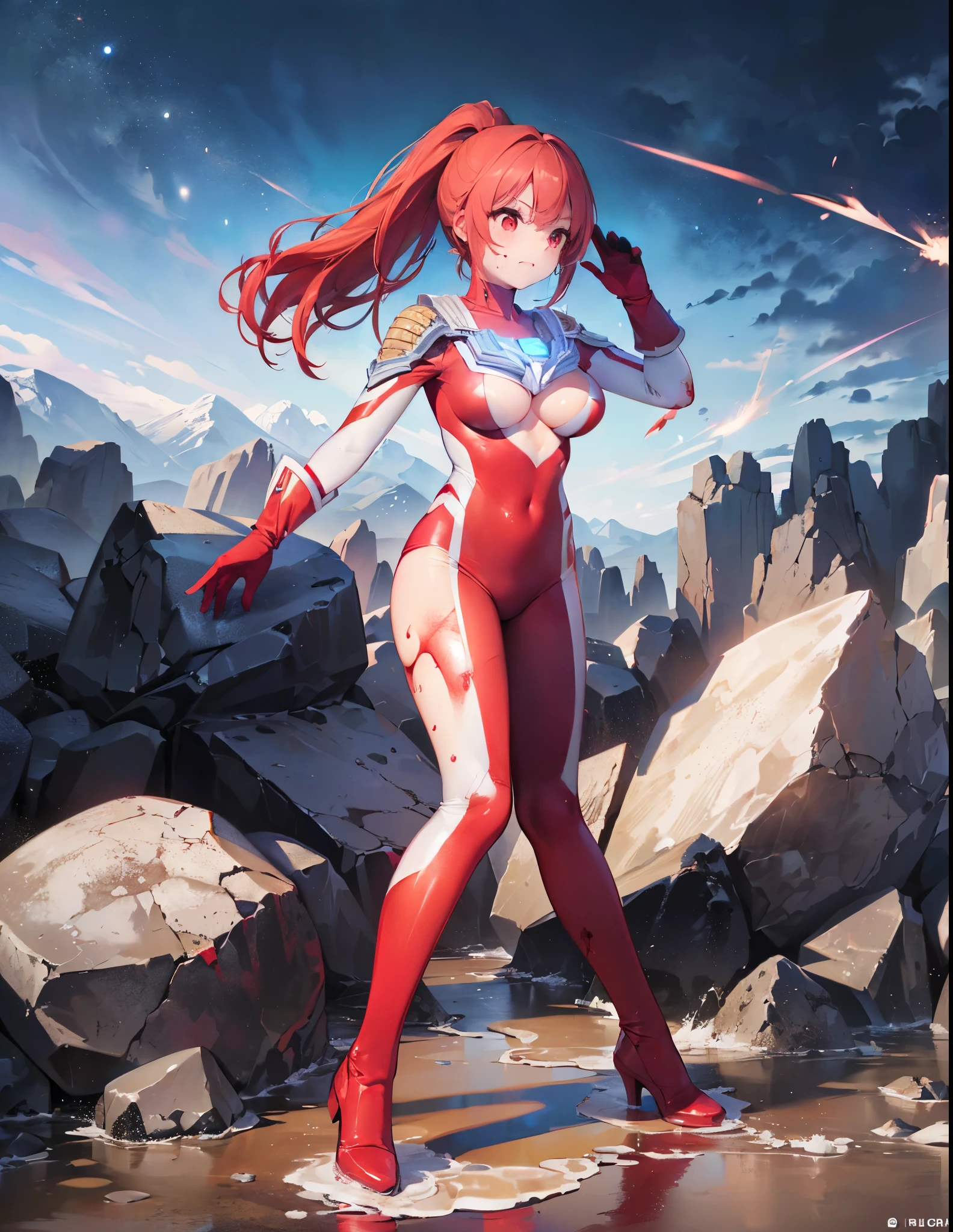 (Close-up:1.2),Realistic,Highest quality, Ultra Detail, High-quality CG rendering, The most delicate and beautiful, Floating softly, High resolution, (1 giant girl), (Highest quality,4K,8K,masterpiece:1.2),(All red hair:1.5), (ponytail:1.5),(Red eyes:1.5), (Ultra Girl:1.0), (All red Ultraman bodysuit:1.4),(Do not expose your skin:1.6),(Slightly larger breasts:1.5),(Red gloves:1.3),(Red Shoes:1.3),(whole body:1.3),(Are standing:1.3),(Plain surrounded by rocks:1.3),(Earth-covered ground:1.3),(Fighting Pose:1.3),(sweating:1.3),(Wounded:1.3),(muddy:1.3),(front:1.4)