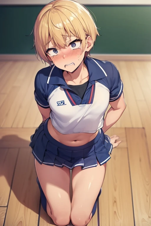 (young girl ,short stature,gyaru) ,flat chest,nsfw,big head, rotund.half up short hair,nsfw shy, glaring,surround many penis boys,weeping, boy sex,shedding tears, gym uniform,