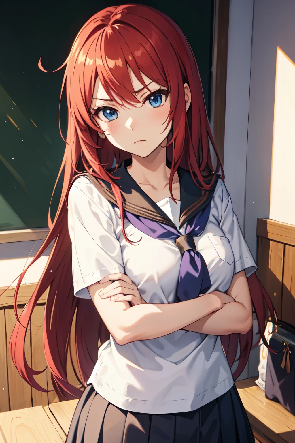 ((girl)), ((anime)), 1girl, long hair, red hair, hime cut, 2 sidelocks, stern expression, dark blue eyes, fair skin, honor student