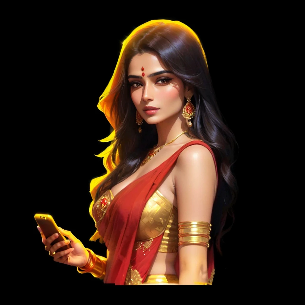 Close-up：A lady in a red and gold sari holding a mobile phone, Portrait of a Modern Darna, India, The goddess is checking her phone, India goddess, India goddess of wealth, author Daryush Shokof, author：Saurabh Jettani, Style Art, author：Max Dauthendey, India super model, Background artwork