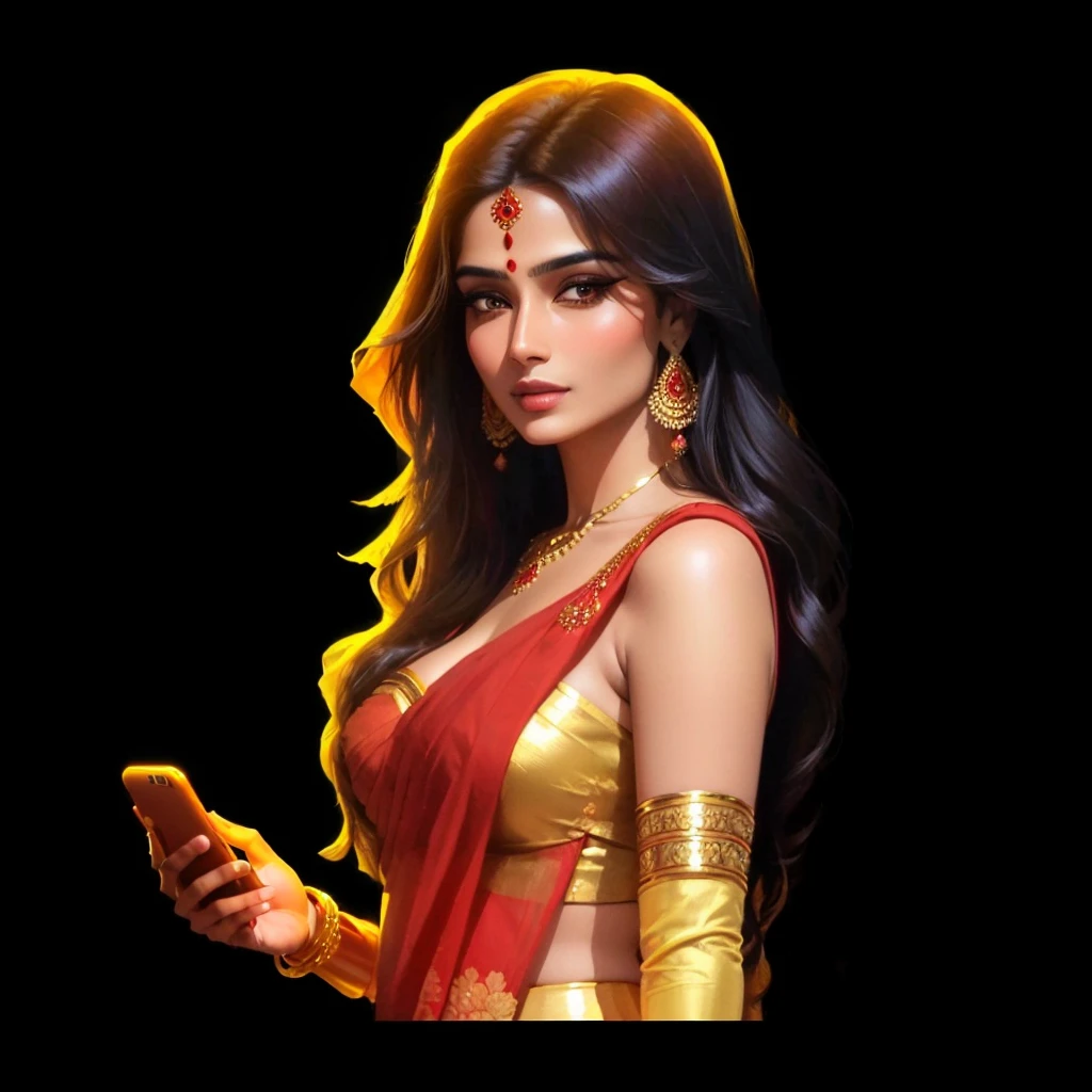 a close up of a woman in a red and gold sari holding a cell phone, portrait of modern darna, indian, goddess checking her phone, indian goddess, indian goddess of wealth, by Daryush Shokof, by Saurabh Jethani, in style of artgerm, by Max Dauthendey, indian super model, background artwork