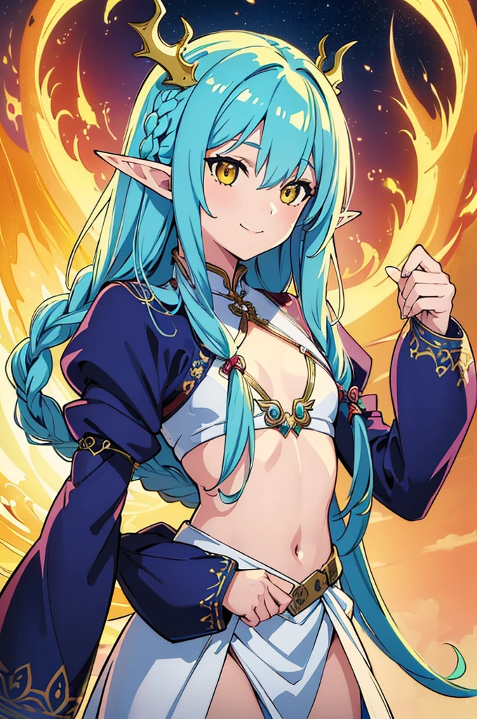 (masterpiece, top quality, best quality, official art, beautiful and aesthetic:1.2), (1girl), extreme detailed,(fractal art:1.3),colorful,highest detailed, cute young girl, light blue hair, long hair, small braids hair, yellow eyes, elf ears, dragon tail, dragon thorn, muscular body, small breast, smile
