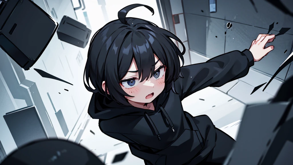 1 male person, wearing a black hoodie, ran away in fear
chased by ghosts