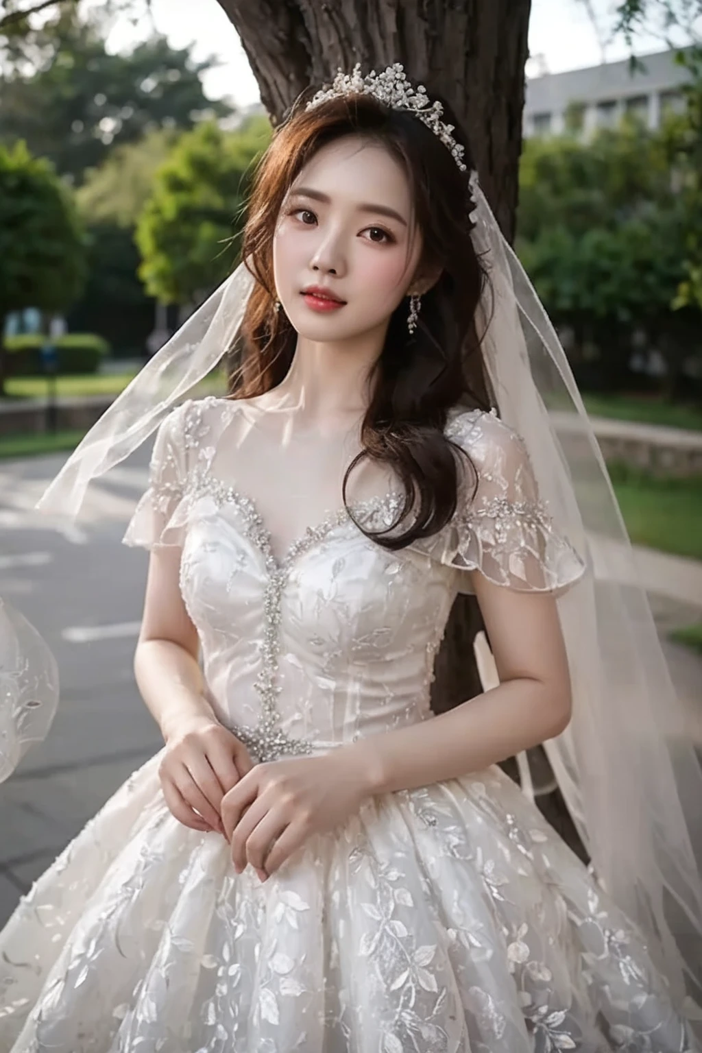 A woman in a wedding dress stands next to a tree, Very magical and dreamy, Ethereal Beauty, Beautiful Korean woman, Very charming and beautiful, Lovely woman, robe, wearing organza robe, Wearing fancy clothes, Pretty Princess, White Ji haircut, Pale white skin, A beautiful young woman, ((Beautiful fantasy queen)), Ivory white skin