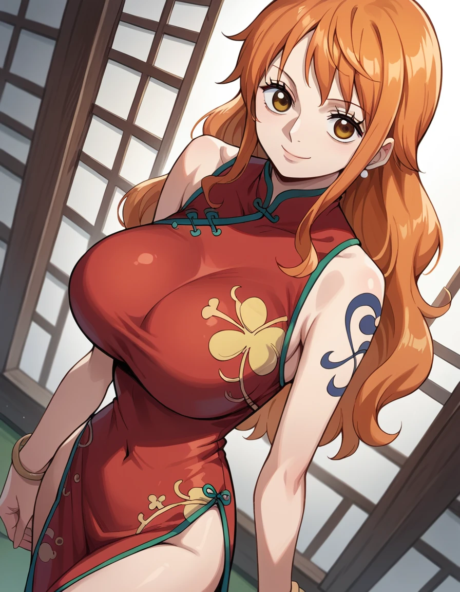 score_9, score_8_up, score_7_up, source_anime, best quality, clear face, Nami, orange hair, orange eyes, long hair, large breasts, perfect body, standing, looking at viewer, smile, china dress, red clothes, dynamic angle, indoor