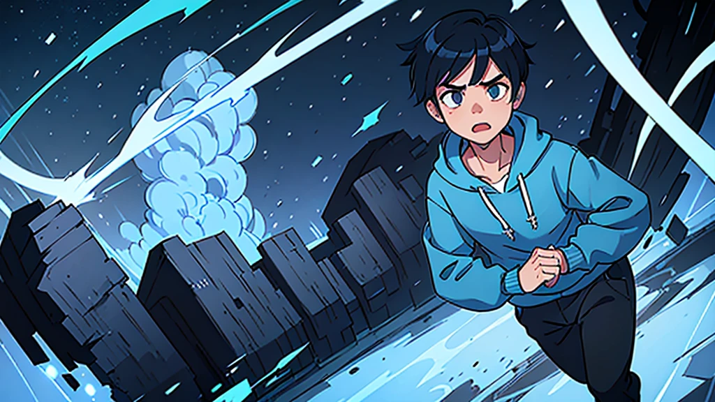 1 boy, blue hair, wearing a blue hoodie, running in fear, 1 boy, black hair, wearing a black hoodie, running in fear, high quality, 8k