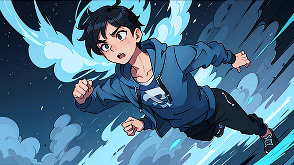 1 boy, blue hair, wearing a blue hoodie, running in fear, 1 boy, black hair, wearing a black hoodie, running in fear, high quality, 8k