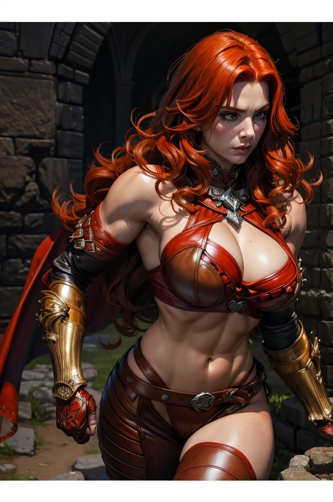 Beautiful barbarian warrior redhead orange curly hair muscular body perfect breasts leather pant armor leather net style sonja red cape with fluff edge detailed face would cheekbones blushing rendered image