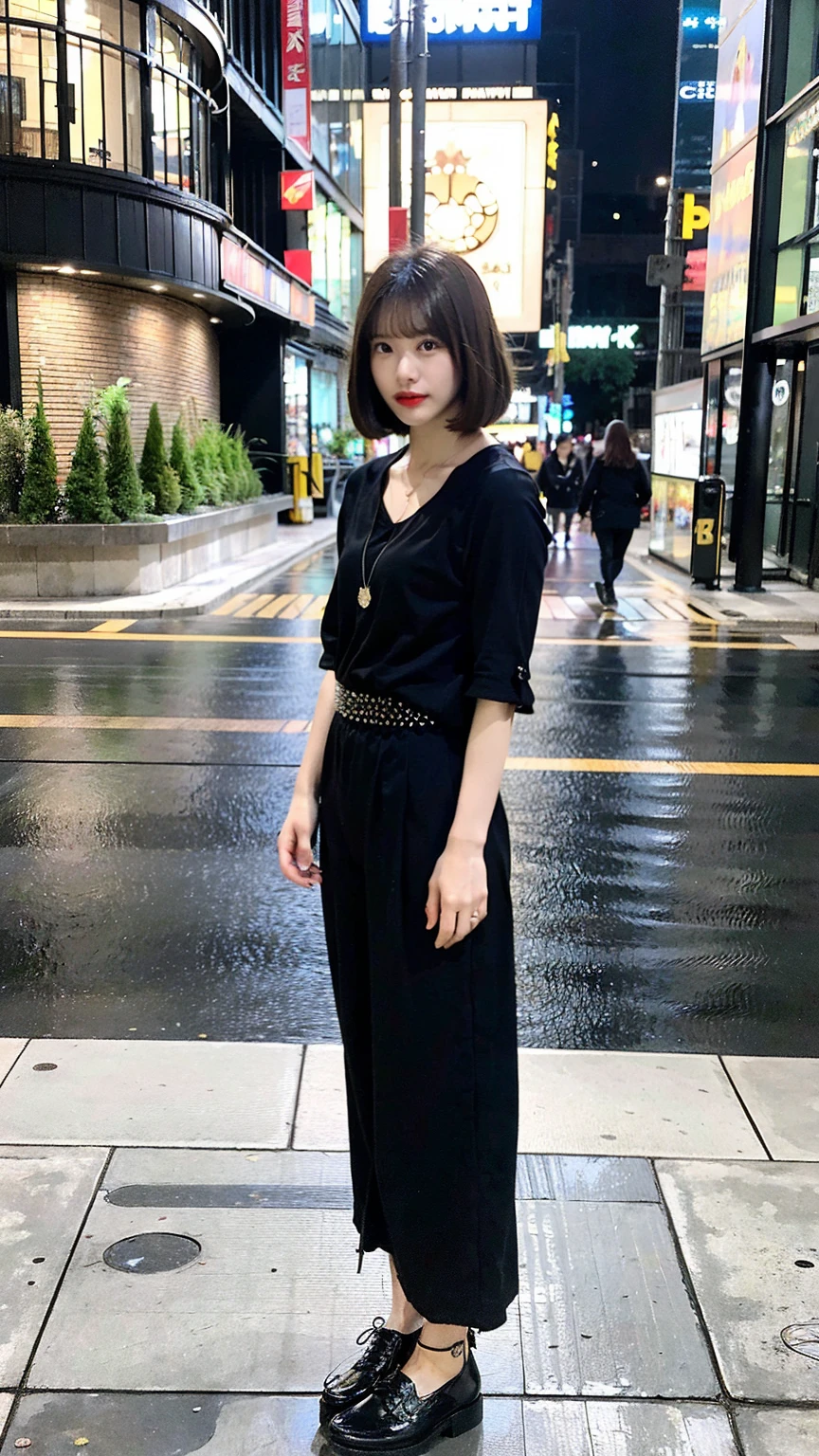 a beautiful japanese woman with very short bob haircut, full body shot, wearing fashionable clothes, necklace, simple background, (best quality,8K,32k,masterpiece:1.2),cinematic aesthetic:1.4,beautiful fashion model photo in bokeh city night,full body shot,Standing figure with feet projected、In stylish summer clothes