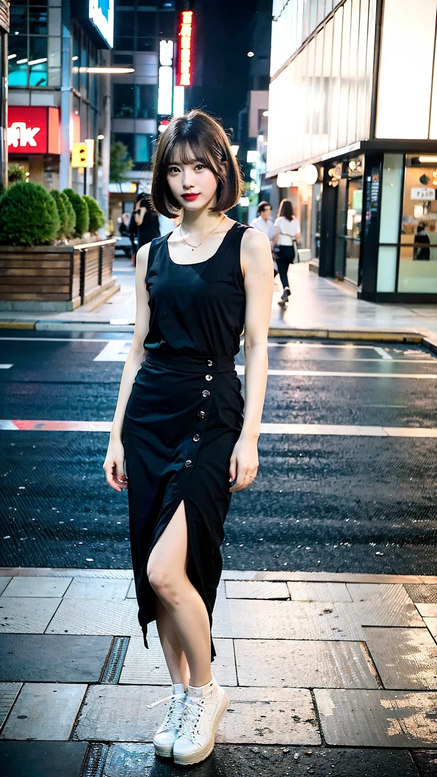 a beautiful japanese woman with very short bob haircut, full body shot, wearing fashionable clothes, necklace, simple background, (best quality,8K,32k,masterpiece:1.2),cinematic aesthetic:1.4,beautiful fashion model photo in bokeh city night,full body shot,Standing figure with feet projected、In stylish summer clothes