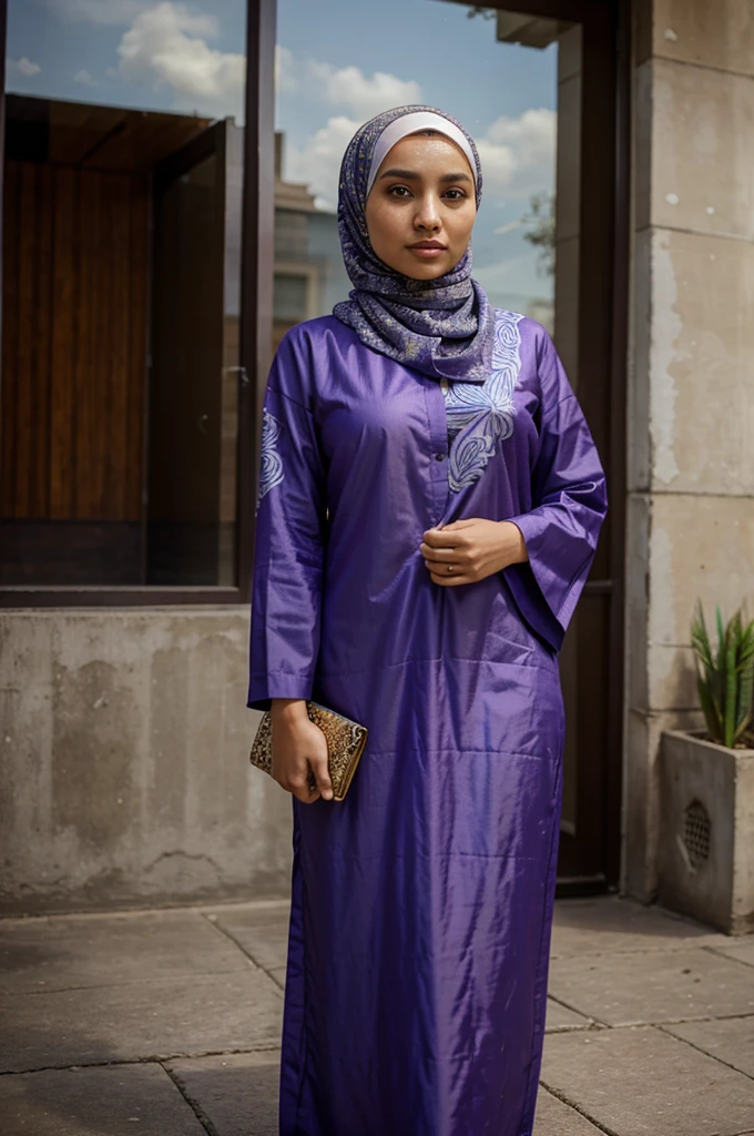 Muslim woman wearing a hijab aged 28, modern Muslim batik clothes
