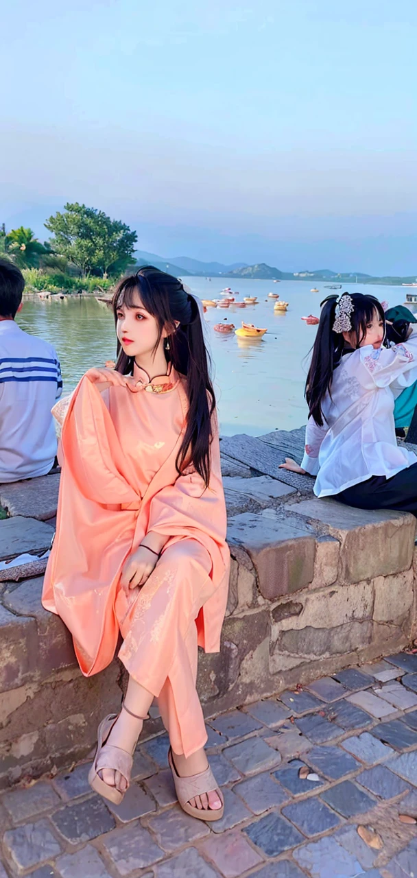 There is a girl in a green dress, plum blossoms, palaces, oriental architecture ray tracing, {best quality}, {{masterpiece}}, extremely detailed 8K wallpaper, {an extremely delicate and beautiful}, colorful, intricately detailed, Realistic, real, camera quality, (detailed depiction of clothes), cool white skin, (detailed depiction of blush), 1080p, sun, soft cuteness, smooth light silver hair, messy beauty, lighting, broken feeling, bright and silky skin , 3D stereoscopic, masterpiece, best quality, super fine illustration, beautiful eyes, very fine light, fine glow, very fine 8K CG wallpaper, peach eyes, red pupils, an extremely delicate and beautiful girl, 8k Wallpaper, best quality, full body close-up, white long dress, luxurious silky bright red chiffon floodlight (magic, glitter, ultra-thin, soft,) Hanfu