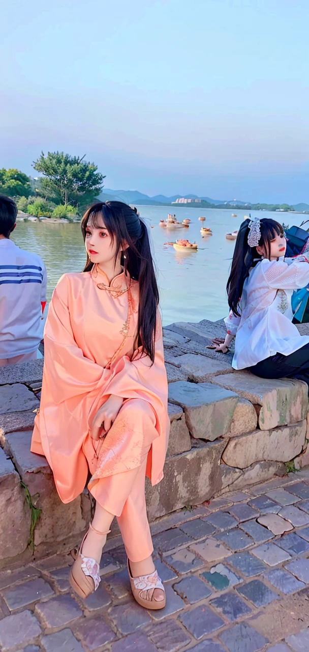 There is a girl in a green dress, plum blossoms, palaces, oriental architecture ray tracing, {best quality}, {{masterpiece}}, extremely detailed 8K wallpaper, {an extremely delicate and beautiful}, colorful, intricately detailed, Realistic, real, camera quality, (detailed depiction of clothes), cool white skin, (detailed depiction of blush), 1080p, sun, soft cuteness, smooth light silver hair, messy beauty, lighting, broken feeling, bright and silky skin , 3D stereoscopic, masterpiece, best quality, super fine illustration, beautiful eyes, very fine light, fine glow, very fine 8K CG wallpaper, peach eyes, red pupils, an extremely delicate and beautiful girl, 8k Wallpaper, best quality, full body close-up, white long dress, luxurious silky bright red chiffon floodlight (magic, glitter, ultra-thin, soft,) Hanfu