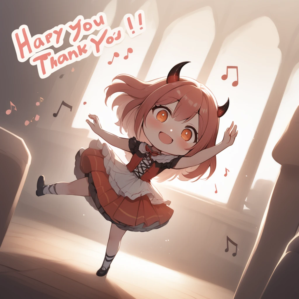 cute devil girl, happy smile, saying "thank you", saying "happy", dancing notes, fun party, hzk