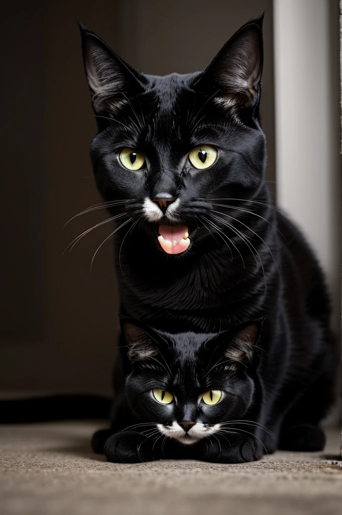 A very furry cat with three eyes and a disturbing but cheerful black and white smile and sharp teeth.