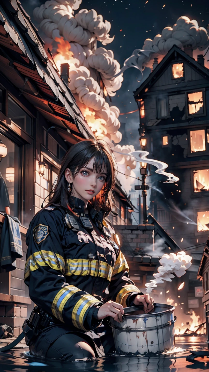 ((A sitting on the street feeling cold and crying, Watery eye, Sadness Cute face 🥺 )), Background ((Burned-out apartment and ambulance, p((Police officers try to put out the fire with buckets of water, night, Police Lights, Smoke outside a destroyed house, inflammation))