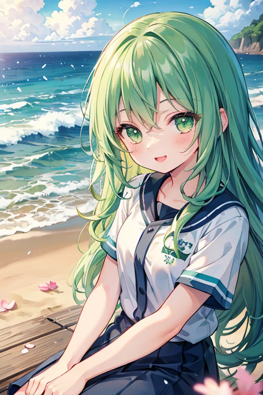 (Masterpiece), animation, landscape, beach overlooking sea, petals, light particles, green baseball uniform, upper body, one girl, long wavy hair, floating hair, smiling, sitting, mouth open, light particles, green hair, green eyes, looking at viewer, face in focus