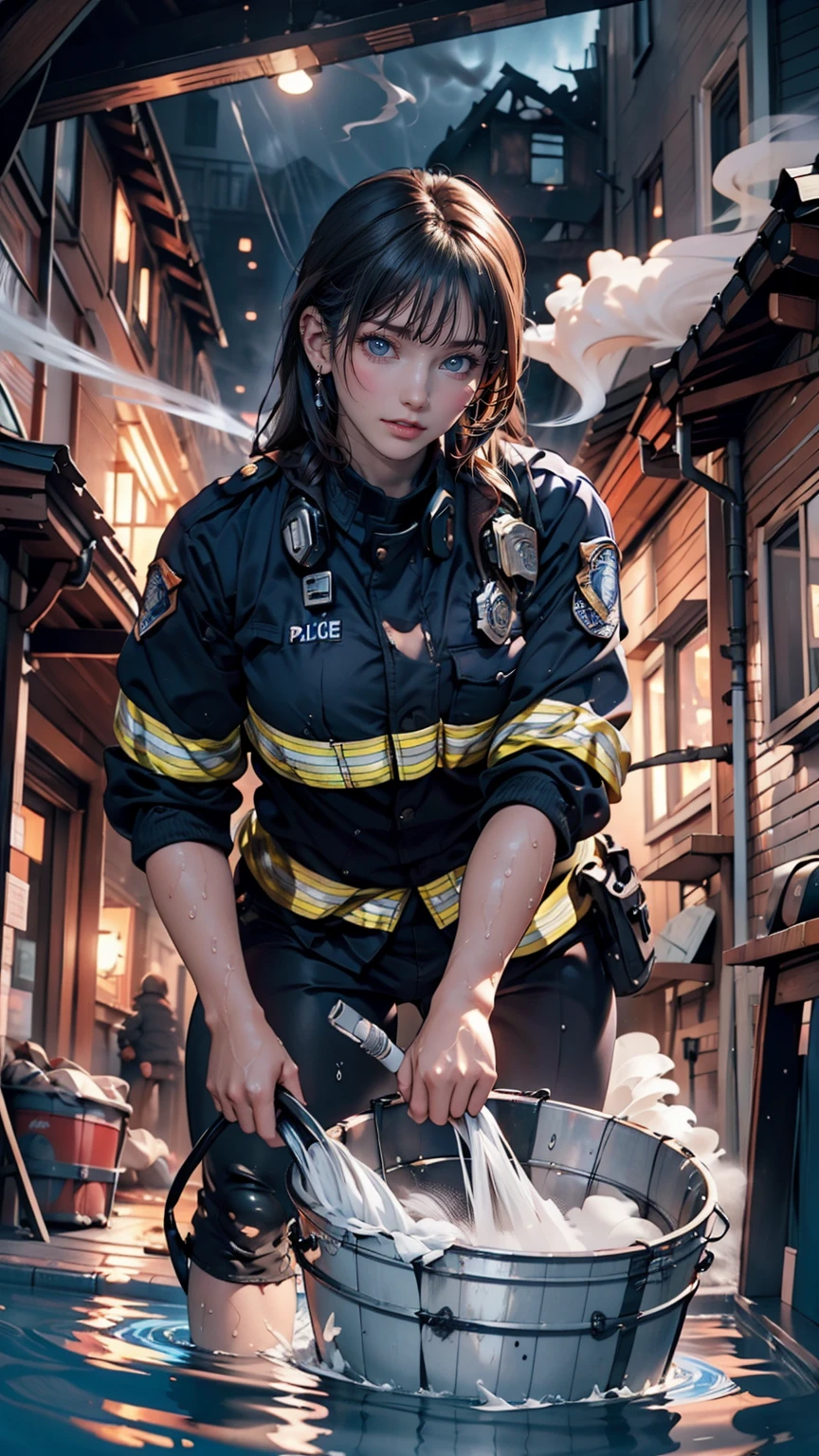 ((A sitting on the street feeling cold and crying, Watery eye, Sadness Cute face 🥺 )), Background ((Burned-out apartment and ambulance, p((Police officers try to put out the fire with buckets of water, night, Police Lights, Smoke outside a destroyed house, inflammation))
