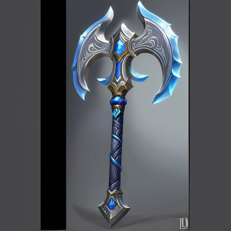 A large blue and silver axe，There are two blue blades, Fantasy weapons, Fantasy Scythe, World of Warcraft Blizzard Weapon Art, epic Fantasy weapons art, Hearthstone Weapon Art, Fantasy RPG Weapon Art, halberd, Tomahawk, Axe element, Tomahawk, Intricate Fantasy Spear, Artifact dota2, Weapon concept art, Hammer Weapon, Sword weapons, Dwarven weapons