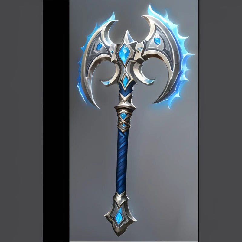 A large blue and silver axe,There are two blue blades, Fantasy weapons, Fantasy Scythe, World of Warcraft Blizzard Weapon Art, epic Fantasy weapons art, Hearthstone Weapon Art, Fantasy RPG Weapon Art, halberd, Tomahawk, Axe element, Tomahawk, Intricate Fantasy Spear, Artifact dota2, Weapon concept art, Hammer Weapon, Sword weapons, Dwarven weapons