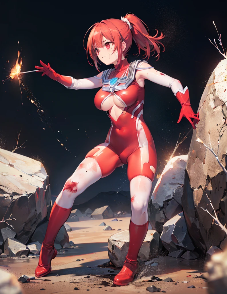 (Close-up:1.2),Realistic,Highest quality, Ultra Detail, High-quality CG rendering, The most delicate and beautiful, Floating softly, High resolution, (1 giant girl), (Highest quality,4K,8K,masterpiece:1.2),(All red hair:1.5), (ponytail:1.5),(Red eyes:1.5), (Ultra Girl:1.0), (All red Ultraman bodysuit:1.4),(Do not expose your skin:1.6),(Slightly larger breasts:1.5),(Red gloves:1.3),(Red Shoes:1.3),(whole body:1.3),(Are standing:1.3),(Plain surrounded by rocks:1.3),(Brown soil ground:1.3),(Fighting Pose:1.3),(sweating:1.3),(Wounded:1.3),(Brown mud stains:1.3),(front:1.4)