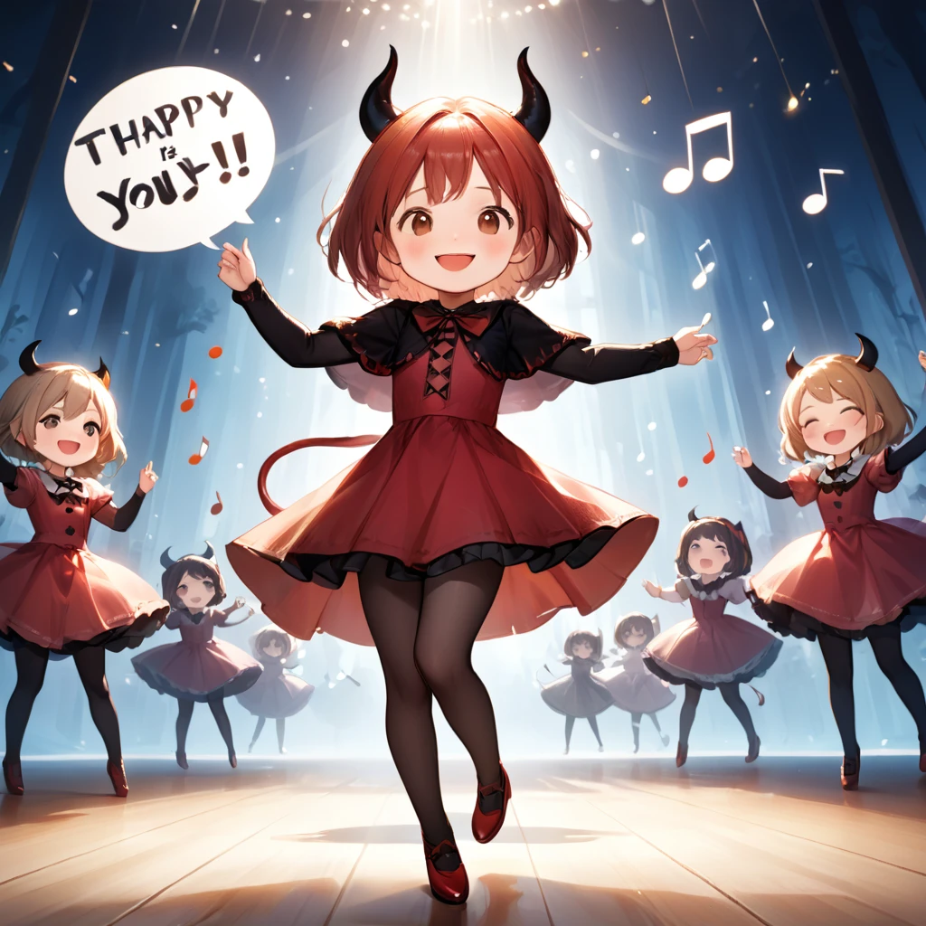 cute devil girl, happy smile, saying "thank you", saying "happy", dancing notes, fun party, hzk