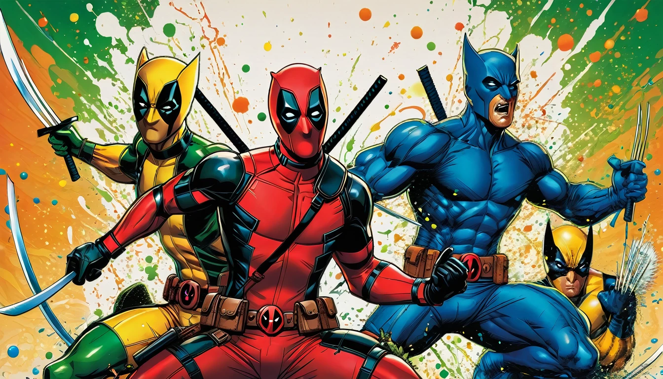 A comic book illustration drawn by a renowned Marvel artist, depicting Deadpool and Wolverine in a party story in a dynamic, graphic novel style. It features bold lines, intricate textures, and kinetic energy. The colors burst with saturated hues of emerald green, fiery orange, and royal blue, evoking a sense of drama and intensity. The composition is cinematic, with characters leaping off the page, their facial expressions conveying positive emotions. Additional details include subtle texture overlays, delicate ink splatters, and ornate, gilded frames, infusing the artwork with a sense of ancient, mystical reverence.