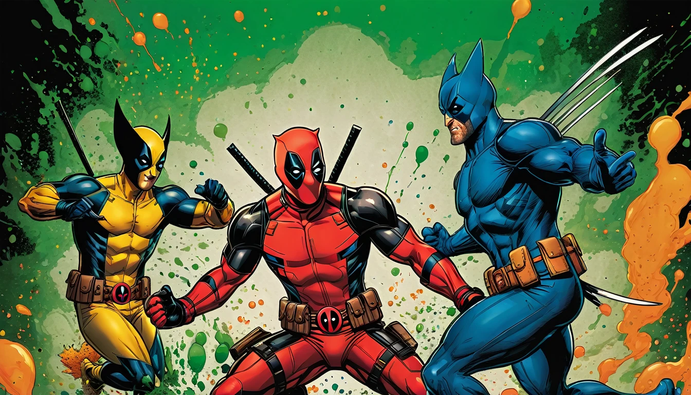 A comic book illustration drawn by a renowned Marvel artist, depicting Deadpool and Wolverine in a party story in a dynamic, graphic novel style. It features bold lines, intricate textures, and kinetic energy. The colors burst with saturated hues of emerald green, fiery orange, and royal blue, evoking a sense of drama and intensity. The composition is cinematic, with characters leaping off the page, their facial expressions conveying positive emotions. Additional details include subtle texture overlays, delicate ink splatters, and ornate, gilded frames, infusing the artwork with a sense of ancient, mystical reverence.