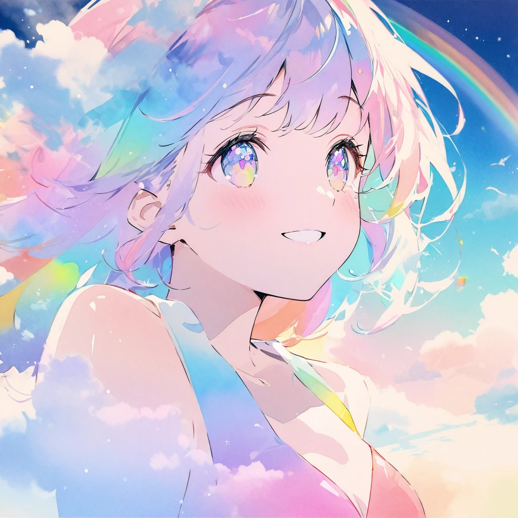 Top quality, masterpiece, pastel colored background, watercolor style, woman, rainbow colored hair, rainbow colored eyes, rainbow colored bikini,rainbow colored leotard, rainbow colored clouds, sparkling sea, with a smile look up at the sky,Double Exposure